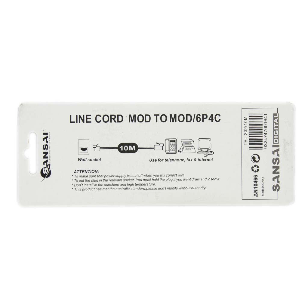 SANSAI 10M Telephone Cable Line Cord Mod to Mod/6P4C TEL - 202/10M