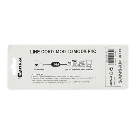 SANSAI 10M Telephone Cable Line Cord Mod to Mod/6P4C TEL - 202/10M