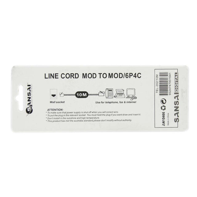 SANSAI 10M Telephone Cable Line Cord Mod to Mod/6P4C TEL - 202/10M