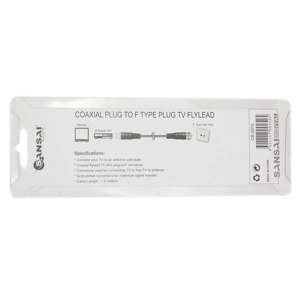 SANSAI Antenna Flylead Coaxial 75ohm Plug to F - Type Plug Screw 1.5M CB2015