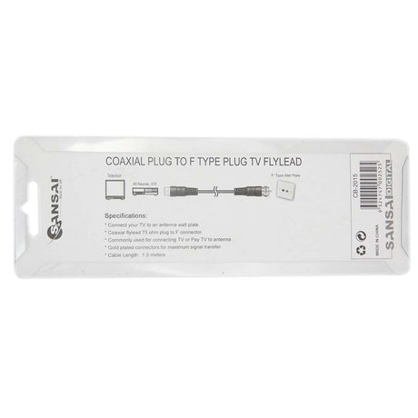 SANSAI Antenna Flylead Coaxial 75ohm Plug to F - Type Plug Screw 1.5M CB2015