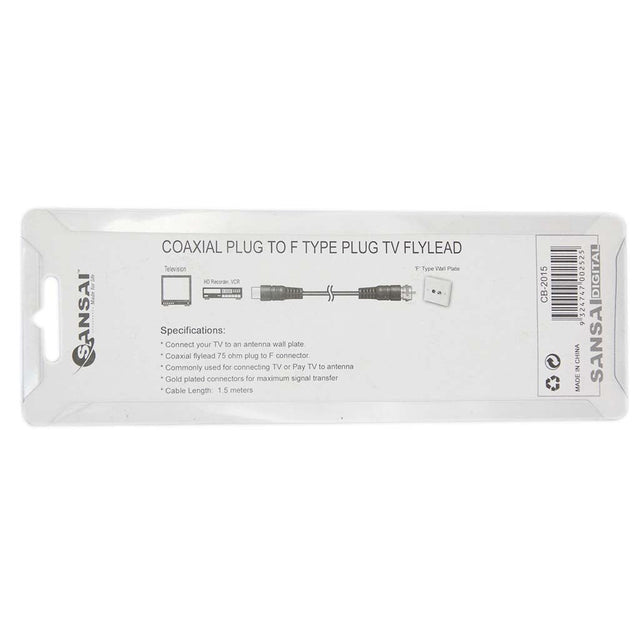 SANSAI Antenna Flylead Coaxial 75ohm Plug to F - Type Plug Screw 1.5M CB2015