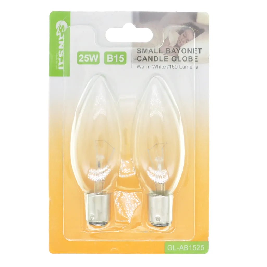 SANSAI Candle Incandescent Light Bulb B15 240V 25W Clear 2Pcs GL - AB1525
