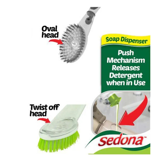 Cleaning brush with oval head and packaging of Sedona soap dispenser on a white background