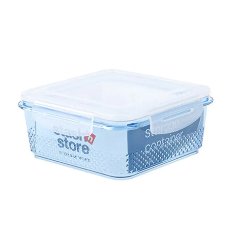 Clear storage container with a lid on a white background
