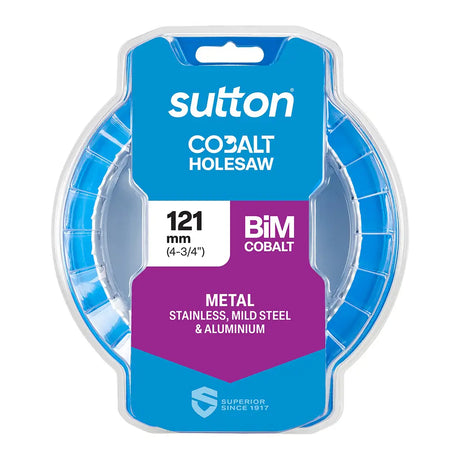 Sutton Co26 Holesaw metal cutting blade in its retail packaging, featuring a 121 mm (4-3/4") BiM Cobalt stainless steel blade on a blue and purple card backing.
