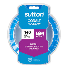 Sutton Co3alt Holesaw metal cutting blade spool, 140 mm (5-1/2 inches), featuring a blue and purple packaging design with 'Sutton' and 'Co3alt' branding.