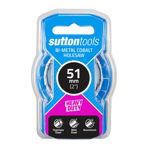 Sutton Tools bi-metal cobalt holesaw in a 51 mm (2 inch) heavy-duty package. The product is shown in its retail blister pack with blue, black, and magenta graphics, indicating stainless steel, mild steel, and aluminium cutting capabilities.