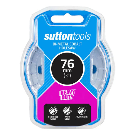 Sutton Tools bi-metal cobalt holesaw in 76 mm (3") size, packaged in its original blue and pink blister card packaging.
