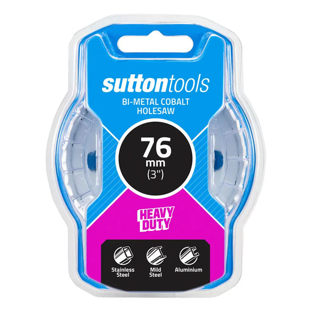 Sutton Tools bi-metal cobalt holesaw in 76 mm (3") size, packaged in its original blue and pink blister card packaging.