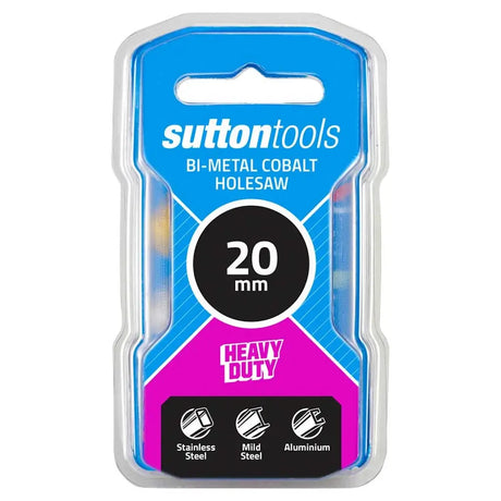 Sutton Tools 20 mm bi-metal cobalt holesaw in retail blister packaging, featuring a blue and magenta card insert with product details and material icons.