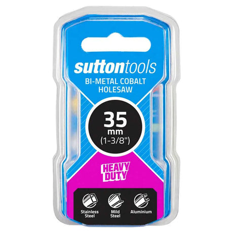 Sutton Tools bi-metal cobalt holesaw in a 35 mm (1-3/8") size, packaged in its original blue and pink blister card with clear plastic casing.