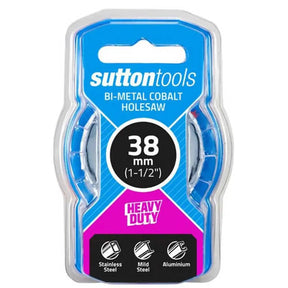Sutton Tools 38 mm bi-metal cobalt holesaw in its original blister card packaging, featuring blue and magenta graphics with product specifications and material icons.