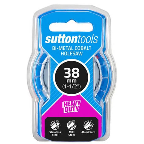 Sutton Tools 38 mm bi-metal cobalt holesaw in its original blister card packaging, featuring blue and magenta graphics with product specifications and material icons.