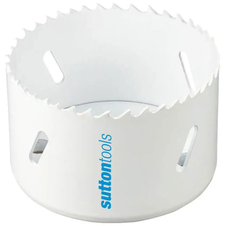 A white hole saw drill bit with blue 'suttontools' branding printed on the side, shown against a plain white background.