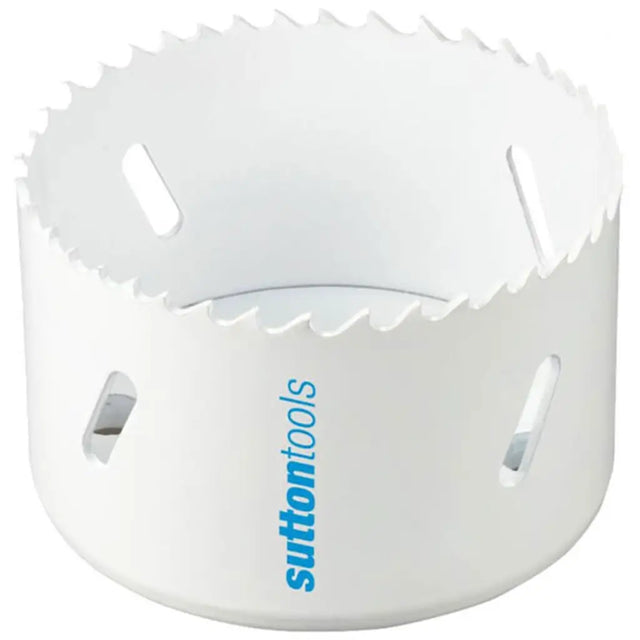 A white hole saw drill bit with blue 'suttontools' branding printed on the side, shown against a plain white background.