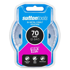 Sutton Tools bi-metal cobalt holesaw tape in a 70 mm (2-3/4") size, packaged in its original blue and pink blister card.