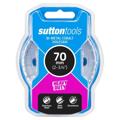 Sutton Tools bi-metal cobalt holesaw tape in a 70 mm (2-3/4") size, packaged in its original blue and pink blister card.