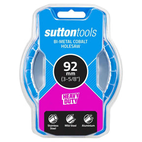 Sutton Tools bi-metal cobalt holesaw in 92 mm (3-5/8 inches) with a blue and pink retail blister pack on a white background.