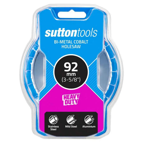Sutton Tools bi-metal cobalt holesaw in 92 mm (3-5/8 inches) with a blue and pink retail blister pack on a white background.