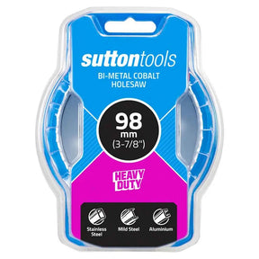 Sutton Tools bi-metal cobalt holesaw in 98 mm (3-7/8 inches) heavy duty stainless steel, shown in its original blue and pink blister packaging.