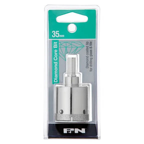 An FN brand 35mm diamond core bit in its original retail blister packaging, featuring a silver metal bit with a white coated tip inside a clear plastic case with a green and gray label.