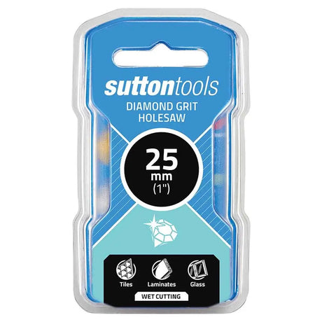 Sutton Tools 25 mm (1 inch) diamond grit holesaw in its original blue and black retail blister packaging, designed for wet cutting tiles, laminates, and glass.