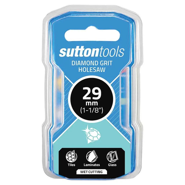 Sutton Tools 29 mm wetcutting diamond grit holesaw in its original blue and white retail blister packaging, designed for cutting tiles, laminates, and glass.