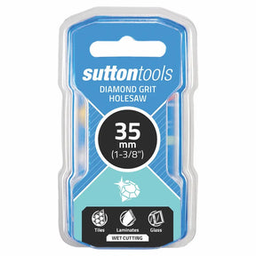 Sutton Tools 35 mm diamond grit holesaw in retail packaging, designed for wet cutting tiles, laminates, and glass.