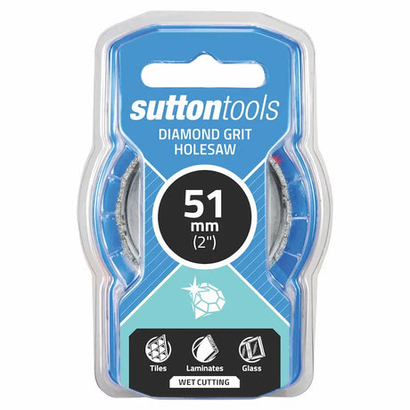 Sutton Tools 51 mm (2 inches) diamond grit holesaw in retail blister packaging, designed for wet cutting tiles, laminates, and glass.