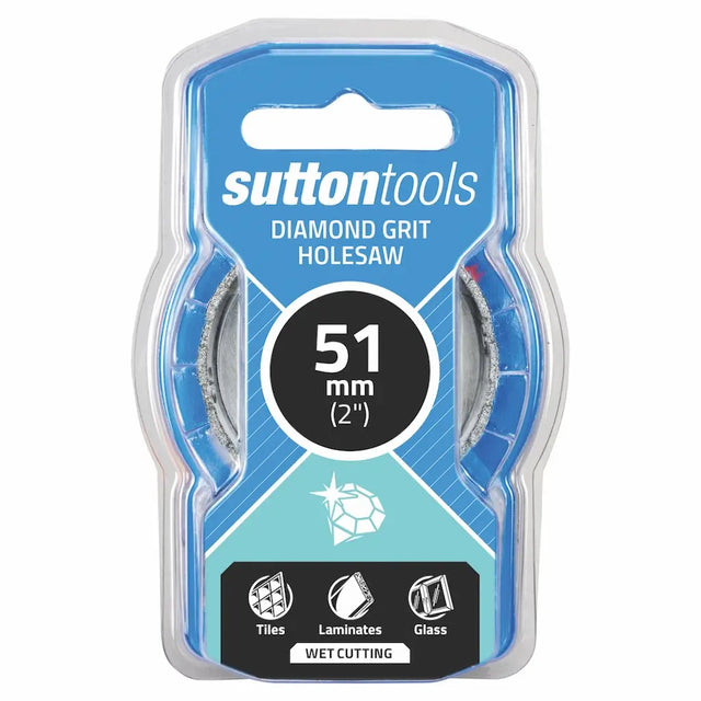 Sutton Tools 51 mm (2 inches) diamond grit holesaw in retail blister packaging, designed for wet cutting tiles, laminates, and glass.