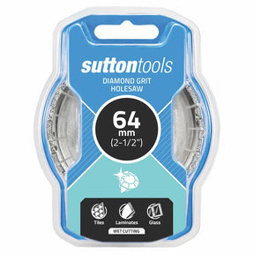 Sutton Tools 64 mm diamond grit holesaw in retail blister packaging, designed for cutting tiles, laminates, and glass.