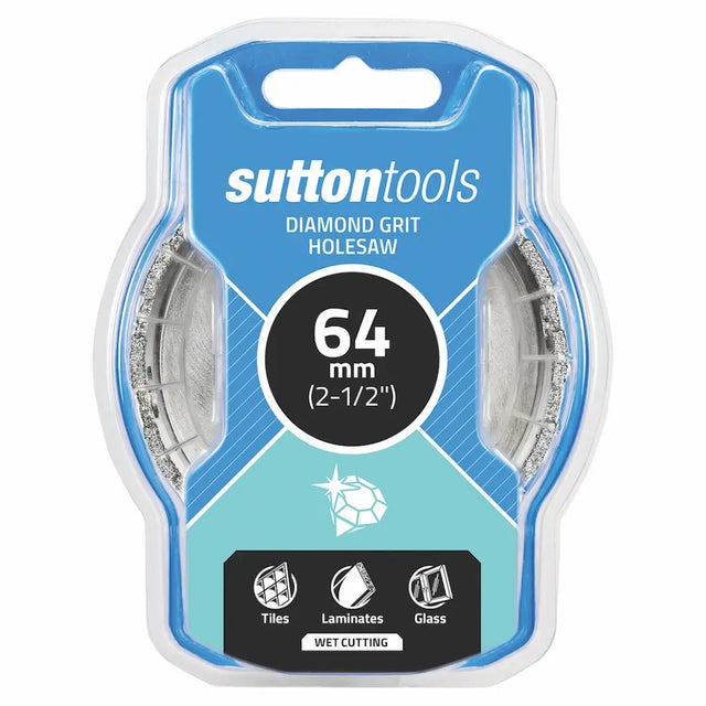 Sutton Tools 64 mm diamond grit holesaw in retail blister packaging, designed for cutting tiles, laminates, and glass.