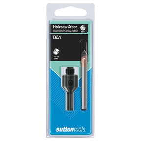 Sutton Tools DA1 Holesaw Arbor diamond series arbor in its original retail blister packaging, showing the black metal arbor and copper-colored sharpened tip.