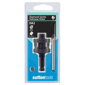 Sutton Tools DA2 Diamond Series Holesaw Arbor in its original retail blister packaging, featuring a black metal arbor and a silver diamond wire cutter bit.