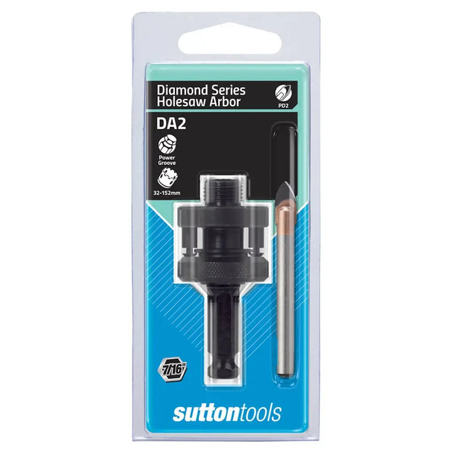 Sutton Tools DA2 Diamond Series Holesaw Arbor in its original retail blister packaging, featuring a black metal arbor and a silver diamond wire cutter bit.