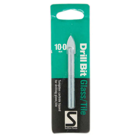 A 10.0 mm drill bit for drilling glass and tile, packaged in a green and black cardboard sleeve by Sutton Tools.