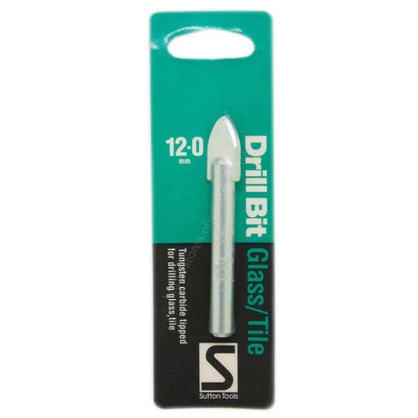 Sutton Tools Drill Bit Glass/Tile 12.0 mm twist carbide tipped drill bit in its original teal and black retail packaging.