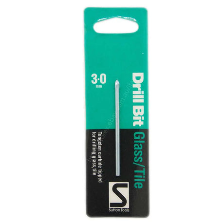 Sutton Tools 3.0 mm drill bit in its original retail packaging, featuring a silver carbide tip on a black and teal cardboard backing.
