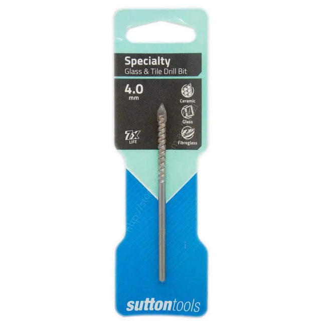 A single Sutton Tools 4.0 mm glass and tile drill bit in its original retail packaging, featuring a black and teal header card with product details and a blue lower section.