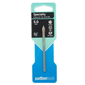 A 5.0 mm Specialty Glass & Tile Drill Bit by Sutton Tools, shown in its original retail blister packaging against a white background.
