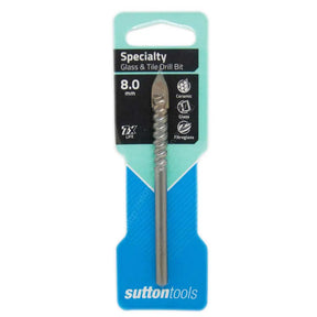 Sutton Tools Specialty 8.0 mm glass and tile drill bit in its original retail packaging, featuring a silver metal bit with a fluted shank on a blue and teal backing card.