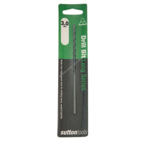 Sutton Tools 3.0 mm drill bit in its original green and black retail packaging, featuring the text 'Drill Bit Long Series'.
