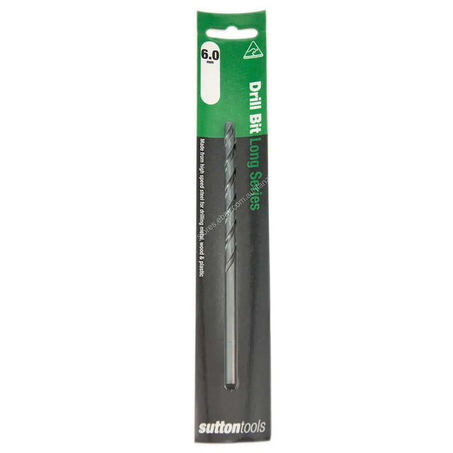 A single long shank drill bit in its retail packaging, featuring a green and black cardboard sleeve with the Sutton Tools brand name and 'Drill Bit Long Shank' text.