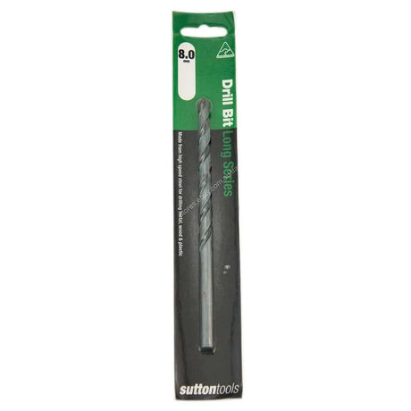 Sutton Tools 8.0 mm Drill Bit Long Series Long Shank drill bit in its original green and black retail packaging.