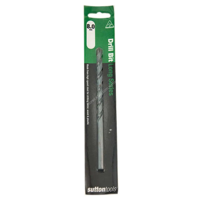 Sutton Tools 8.0 mm Drill Bit Long Series Long Shank drill bit in its original green and black retail packaging.