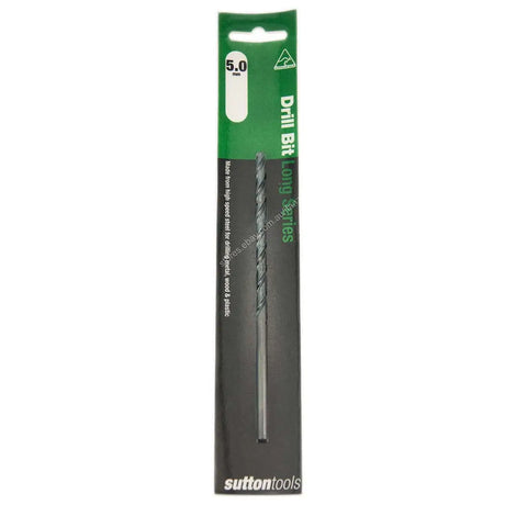 Sutton Tools 5.0mm drill bit in its original retail packaging, featuring a black and green cardboard sleeve with a single spiral drill bit visible.