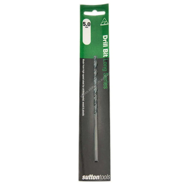 Sutton Tools 5.0mm drill bit in its original retail packaging, featuring a black and green cardboard sleeve with a single spiral drill bit visible.