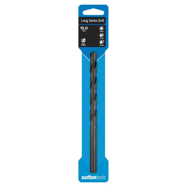 A 10.0 mm long series drill bit in blue and black retail packaging by Sutton Tools, shown against a plain white background.