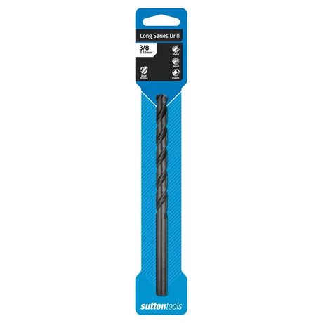 A 3/8-inch long series drill bit in its original blue and black Sutton Tools retail packaging, shown against a plain white background.